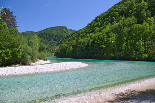 View of the Soca river (Isonzo) near Kobarid (Caporetto), Slovenia
