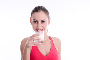 cheerful young woman drinking milk