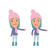 Happy and Angry Character Winter Girl making presentation using