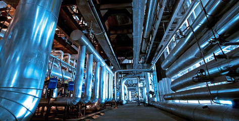 Industrial zone, Steel pipelines and cables in blue tones