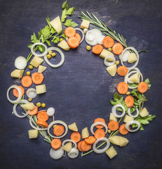 Colorful various of organic farm vegetables lined frame on wooden rustic background top view place for text  vegetarian concept frame