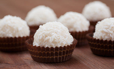 White coconut candys in decorative tray