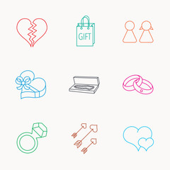 Love heart, gift box and wedding rings icons.