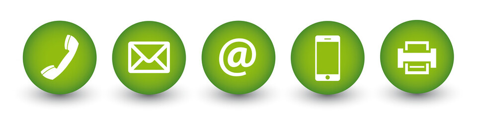 5 Kontakt Buttons - Telefon, Brief, e-Mail, Handy, Fax