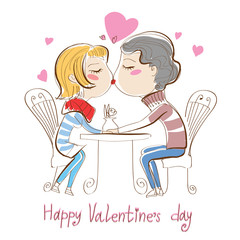 Valentine's Day vector illustration -  Boy and girl kissing. Love cards. Cute hand drawn greeting card for young. Romantic couple character. Brunette  fashion girl and hipster boy sitting in cafe.