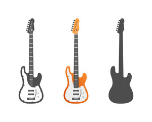 Electric guitars vector icons set. Guitar isolated icons vector illustration. Guitars isolated on white background. Music, concert, sound, fun, guitars. Vector guitars. Color, grey, silhouette guitars