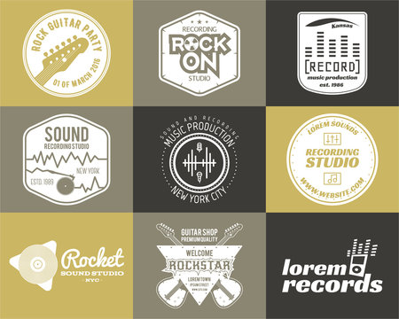 Set of vector music production logo Musical label icons. Music sticker and emblem print or logotype Guitars badge for sound recording studio t shirt, sound production Podcast, radio badges. Music icon