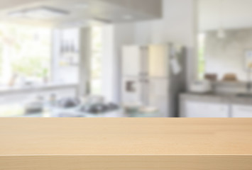 Empty wooden table and blurred kitchen background, product montage display