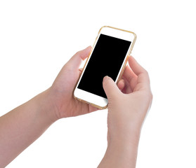 Hands holding mobile phone isolated on white background