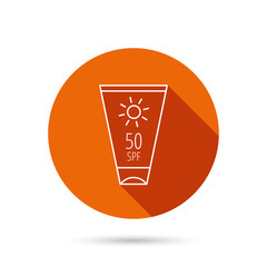 Sun cream container icon. Beach lotion sign.