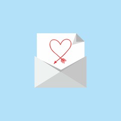 sheet of paper with a heart in the envelope. Vector simple envelope with red heart inside, concept in greeting valentine day