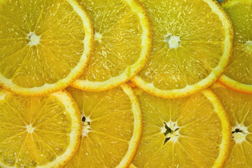 yellow background of sliced lemons closeup