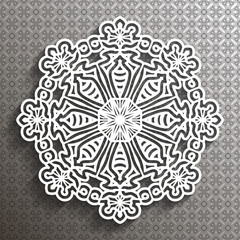 Paper lace doily, decorative snowflake, mandala, arabic ornament, 3D, vector