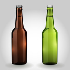 Two green and brown glass beer bottle on white background isolat
