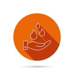 Save water icon. Hand with water drops sign.