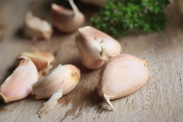 heap garlic on wood background