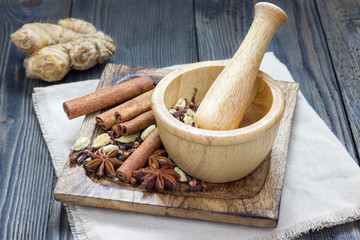 Spices for masala chai. Cinnamon stick, cardamom, ginger, clove, star anise, black pepper.