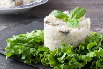 mushroom risotto on slate