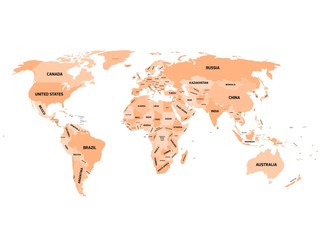 World map with names of sovereign countries and larger dependent territories