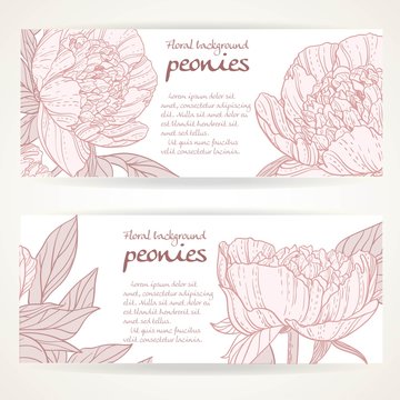 Two horizontal banners with pink peonies on a white background