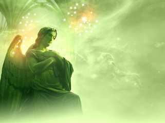 archangel Rafael over a green background with stars and gate - obrazy, fototapety, plakaty