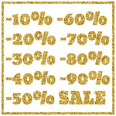 Gold glitter sale on white background. Gold sale background for flyer, poster, shopping, for sale sign, discount, marketing, selling, banner, web, header