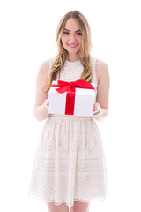 portrait of beautiful young woman in dress with gift box isolate