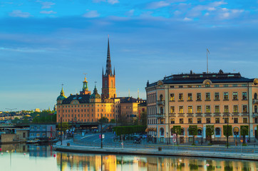 View of the famous scandinavian and north european city Stockholm - the capital of Sweden at sunrise with water reflection