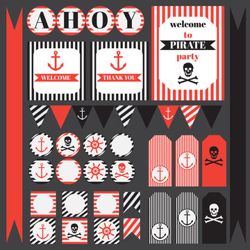Printable set of vintage pirate party elements. Stock Vector