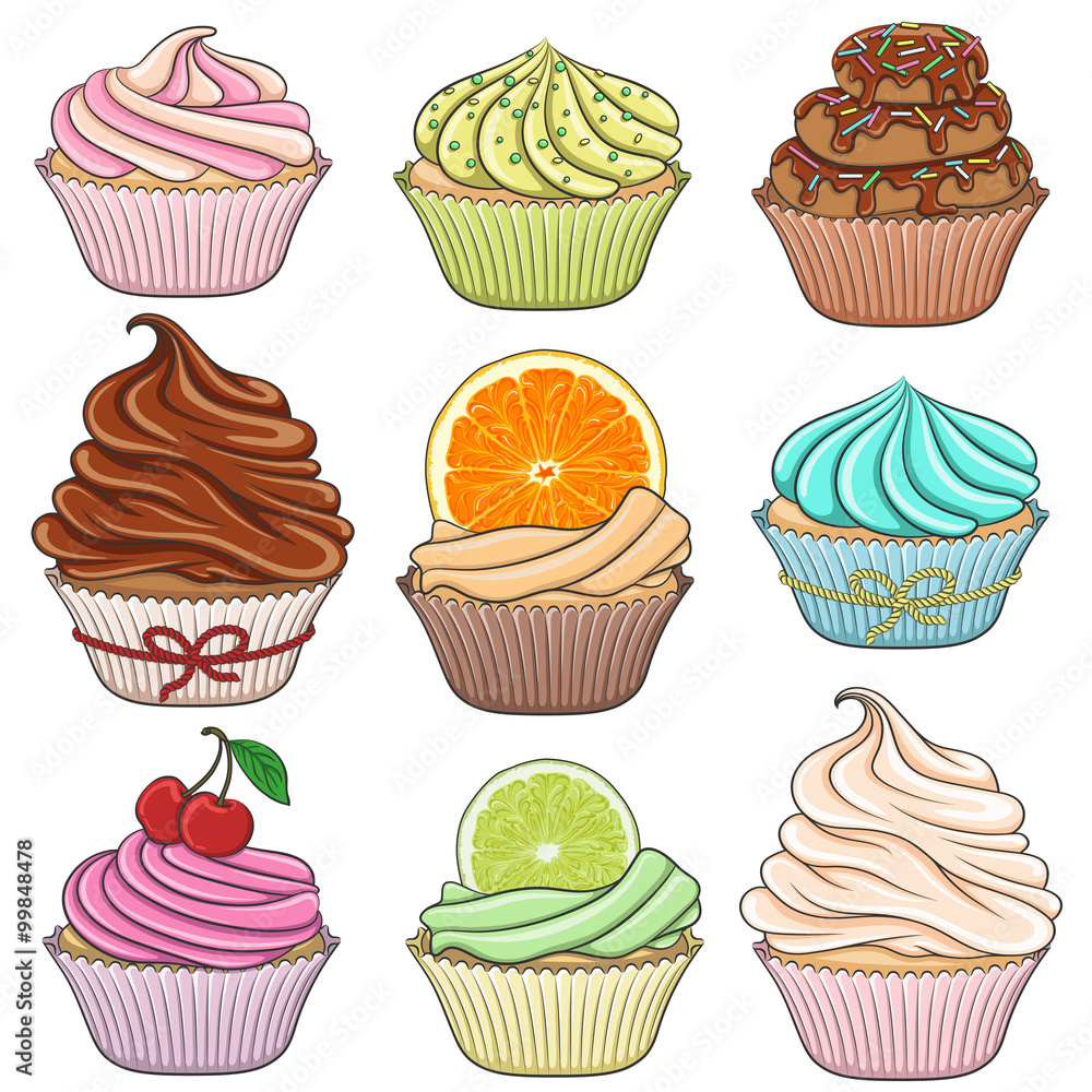 Poster set of color illustrations cupcakes. isolated objects on a white background