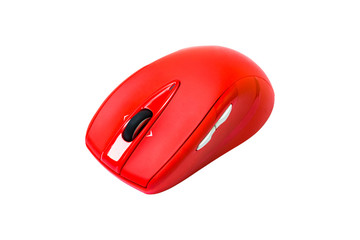 Red wireless mouse isolated on white background. Invisible optical sensor. This mouse have 7 button.