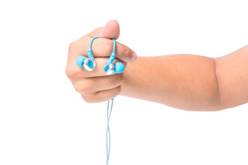 hand holding earphones isolated on white