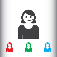 Call center woman with headset icon for web and mobile.
