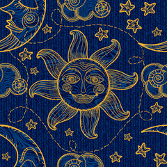 Seamless pattern with sun, moon and clouds. Hand drawing.
