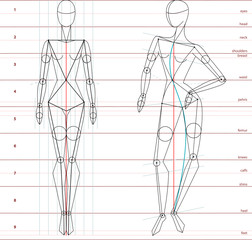Technical vector woman figure static and in movement for fashion illustration and fashion designers. Female stylized figure.