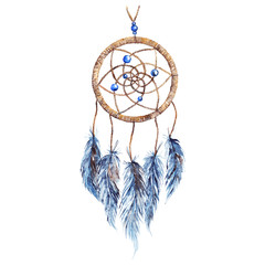 Watercolor ethnic tribal hand made feather dreamcatcher - obrazy, fototapety, plakaty