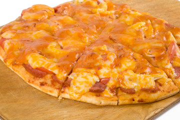 Pizza on wooden tray