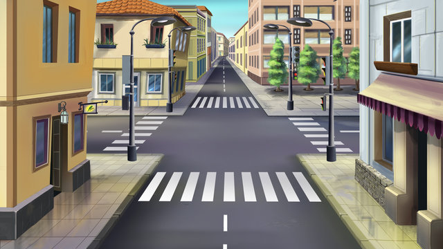 Digital painting of the city streets. Crossroads, traffic light, crosswalk.