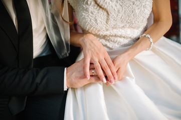 Obraz na płótnie Canvas Bride and groom holding hands with wedding rings