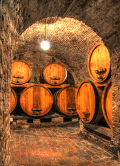 Fototapety  View into an old wine cellar with large barrels through an arch