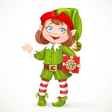 Cute little girl Santa elf with gift stand on white background