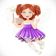 Fototapeta na wymiar Cute little fairy girl in violet dress with a Magic wand isolate