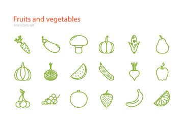 Set of line fruits and vegetables icons. Stock vector.