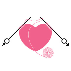Pink heart and knitting needles with gender symbol isolated on white background. Concept of relations between men and women. Traditional symbols of Valentine's Day.