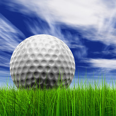 White golf ball in grass and sky