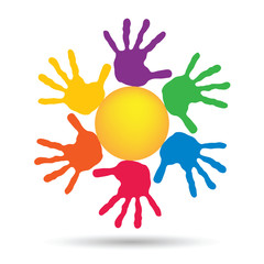 Concept circle of hands, yellow sun symbol