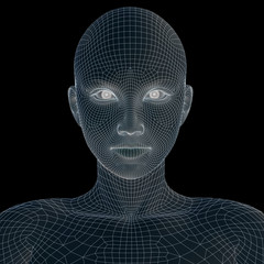 Conceptual 3D wireframe human female or woman face or head