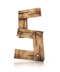 wooden number five (5). 3d illustration isolated
