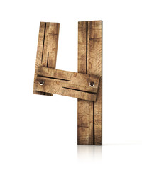 wooden number four (4). 3d illustration isolated