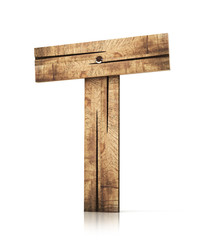 Single wooden T letter isolated on the white background. 3d illustration. wooden font.